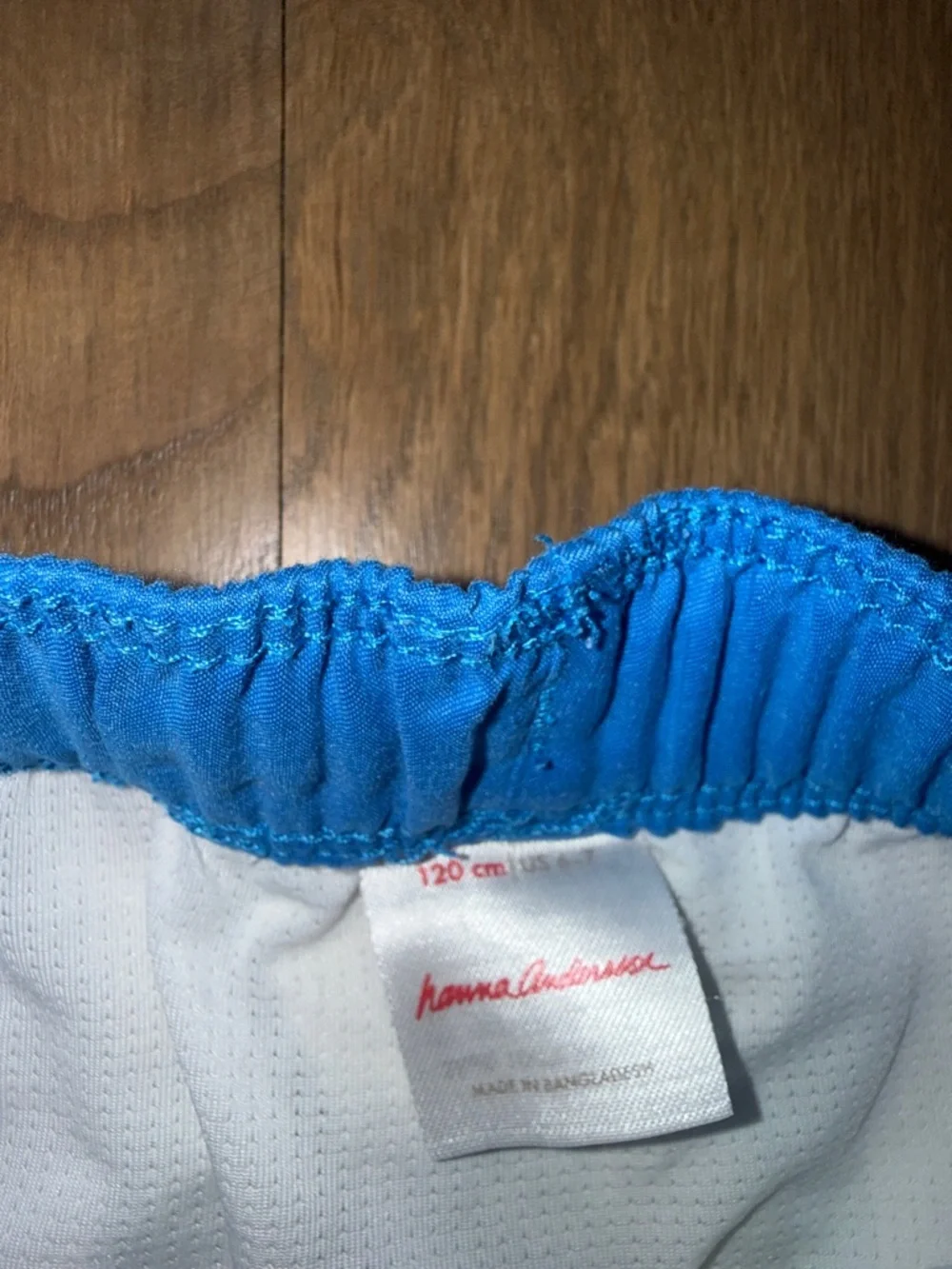 Hanna Andersson Green and White Striped Swim Trunks with Blue Waistband